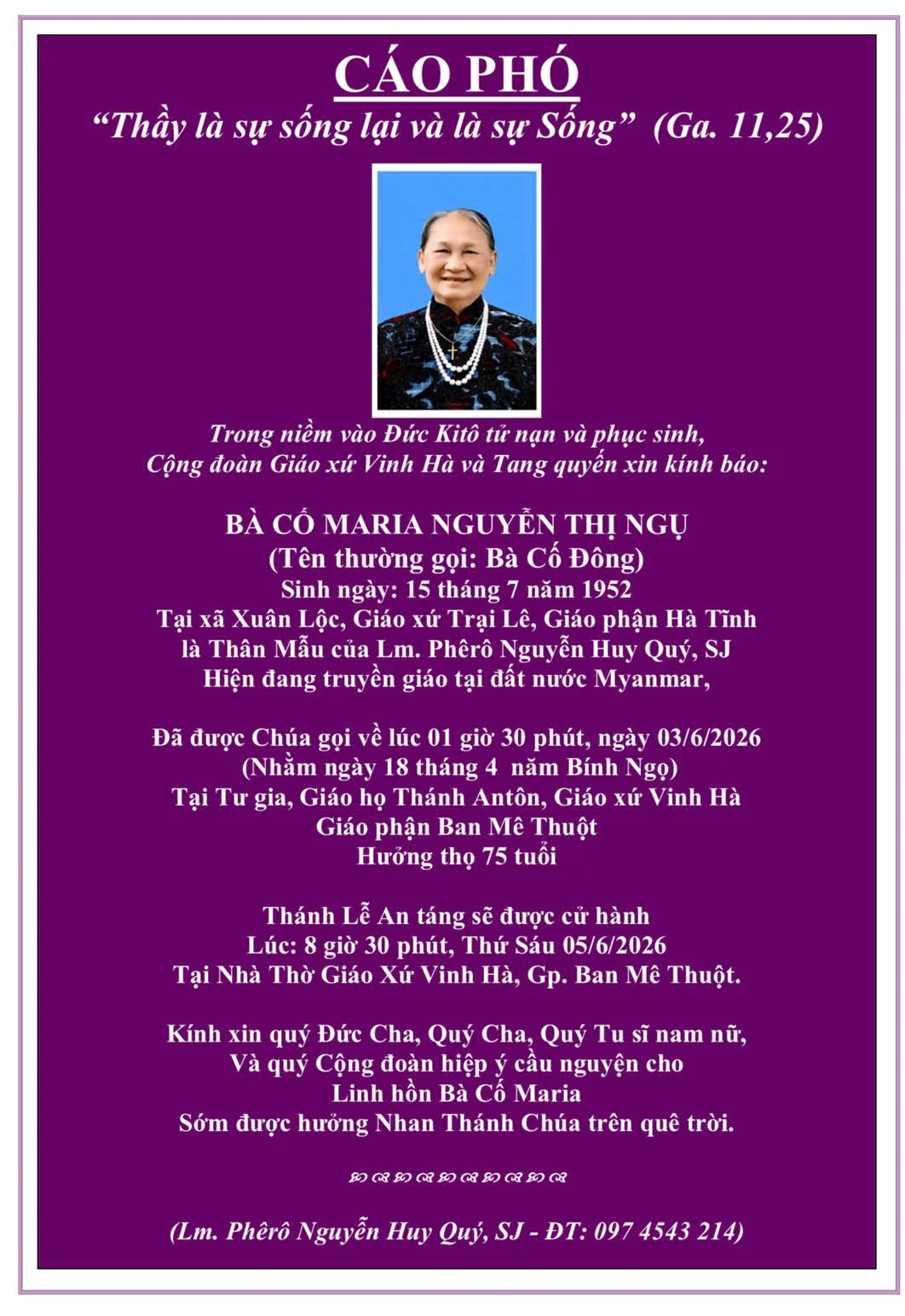 Ai Tín: Bà cố Maria Nguyễn Thị Ngụ - thân mẫu cha Phêrô Nguyễn Huy Quý, S.J. Ai Tín: Bà cố Maria Nguyễn Thị Ngụ - thân mẫu cha Phêrô Nguyễn Huy Quý, S.J.