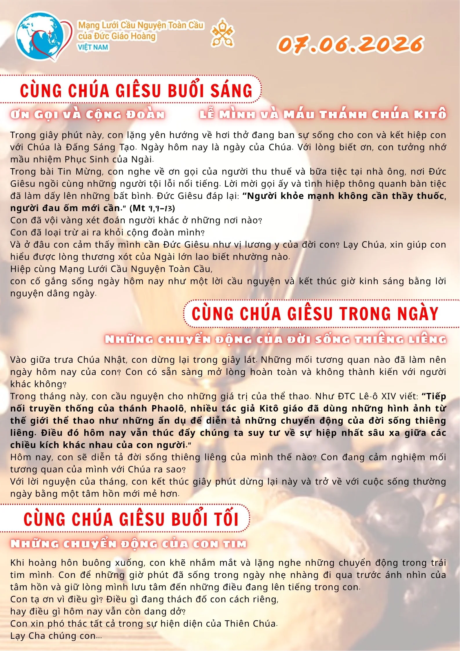 Tông Đồ Cầu Nguyện, 07-06-2026 Tông Đồ Cầu Nguyện, 07-06-2026