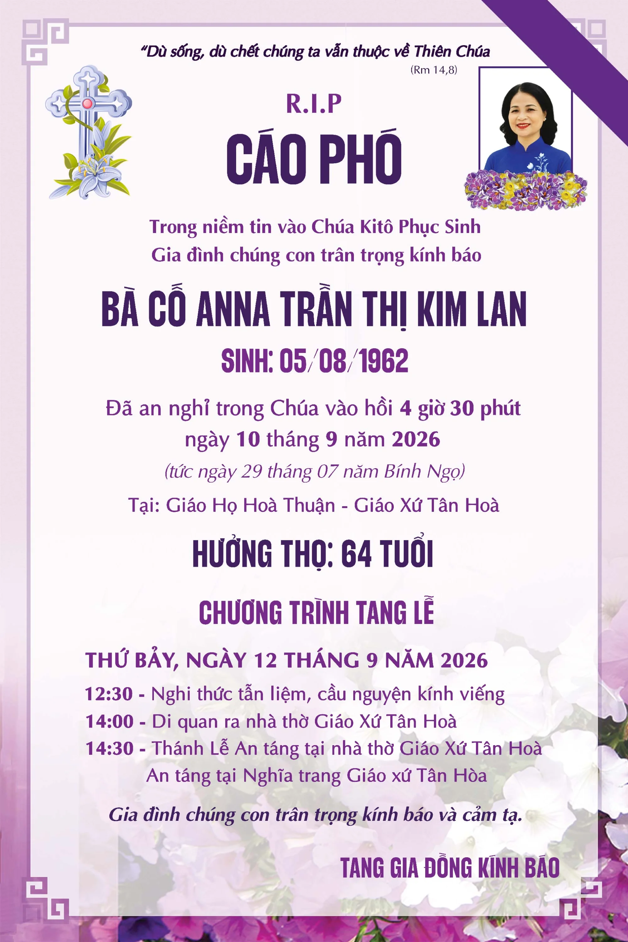 Ai Tín: Bà cố Anna Trần Thị Kim Lan - thân mẫu Linh mục Antôn Trần Phi Lâm, S.J. Ai Tín: Bà cố Anna Trần Thị Kim Lan - thân mẫu Linh mục Antôn Trần Phi Lâm, S.J.